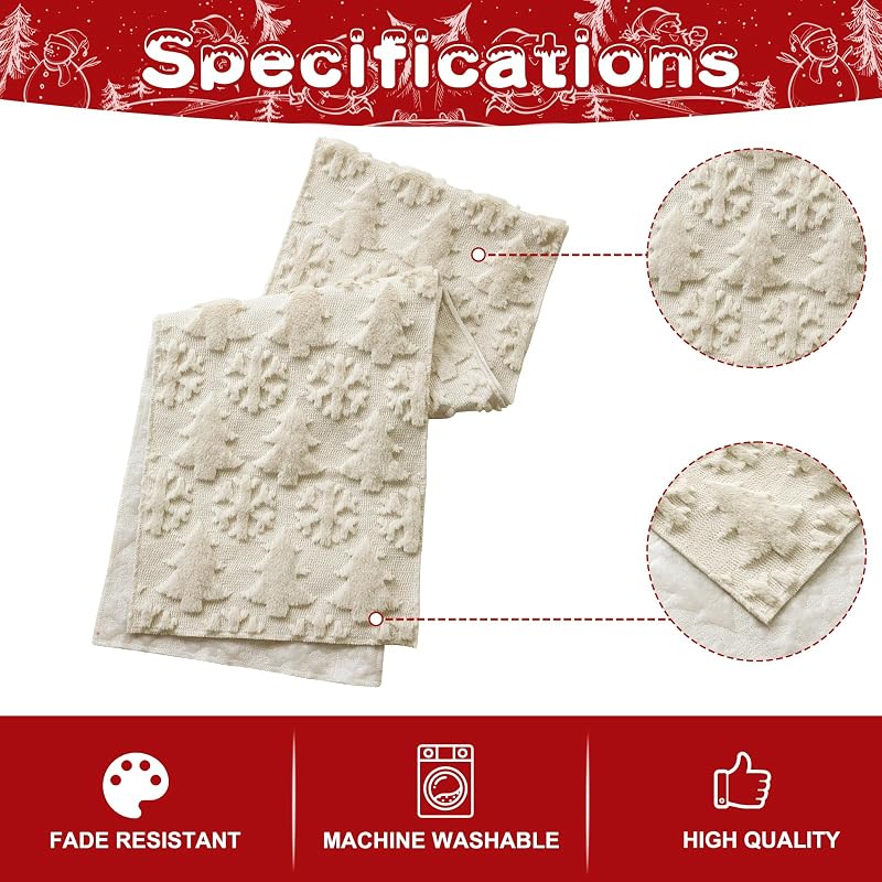 Christmas Table Runner 13x60 Inch Beige with 3D Tree & Snowflake Pattern – Faux Fur, Indoor/Outdoor Farmhouse Decor (Variation: Beige+Table Runner, 13" x 60")