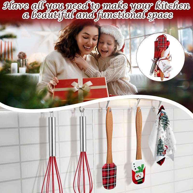 6 Set Christmas Kitchen Tools Gift Set with Buffalo Plaid - Whisks, Spatulas, Towels & Cards (Variation: 6+Buffalo Plaid)