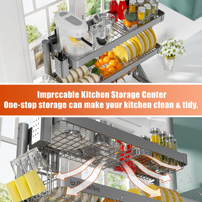 ZDRongZhen Over The Sink Dish Drying Rack,3 tier Full 304 Stainless Steel dish Drainer rack,Adjustable Length (22.8''~35.04'') Kitchen Storage Counter with Cup Hanging Set and Hook (Dark grey-3Tier)