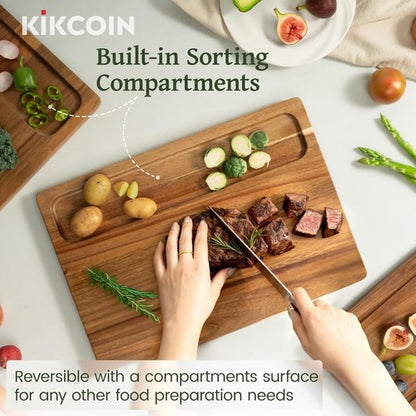 Kikcoin Wooden Cutting Boards Set - 3 PCS Kitchen Chopping Boards with Holder & Juice Groove