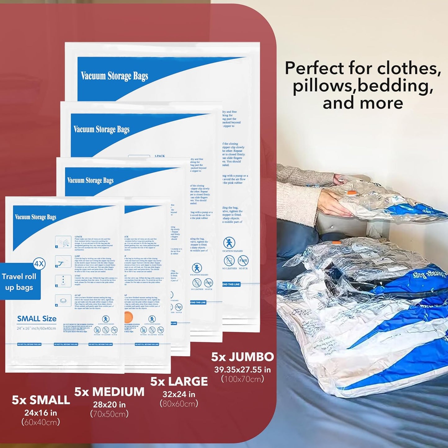 Skiennix Vacuum Seal Bags - Space-Saving Storage for Clothing & Bedding | 24 Pack with Electric Pump