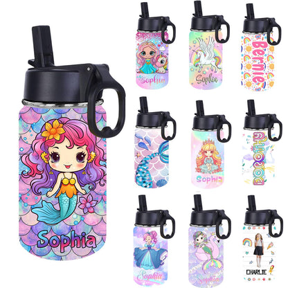 Personalized Kids Water Bottle with Straw Custom Mermaid Rainbow Fish Scales Water Cup with Kids Name Customized Mermaid Water Bottle Gift for Girls Daughter Granddaughter Children School Birthday12oz