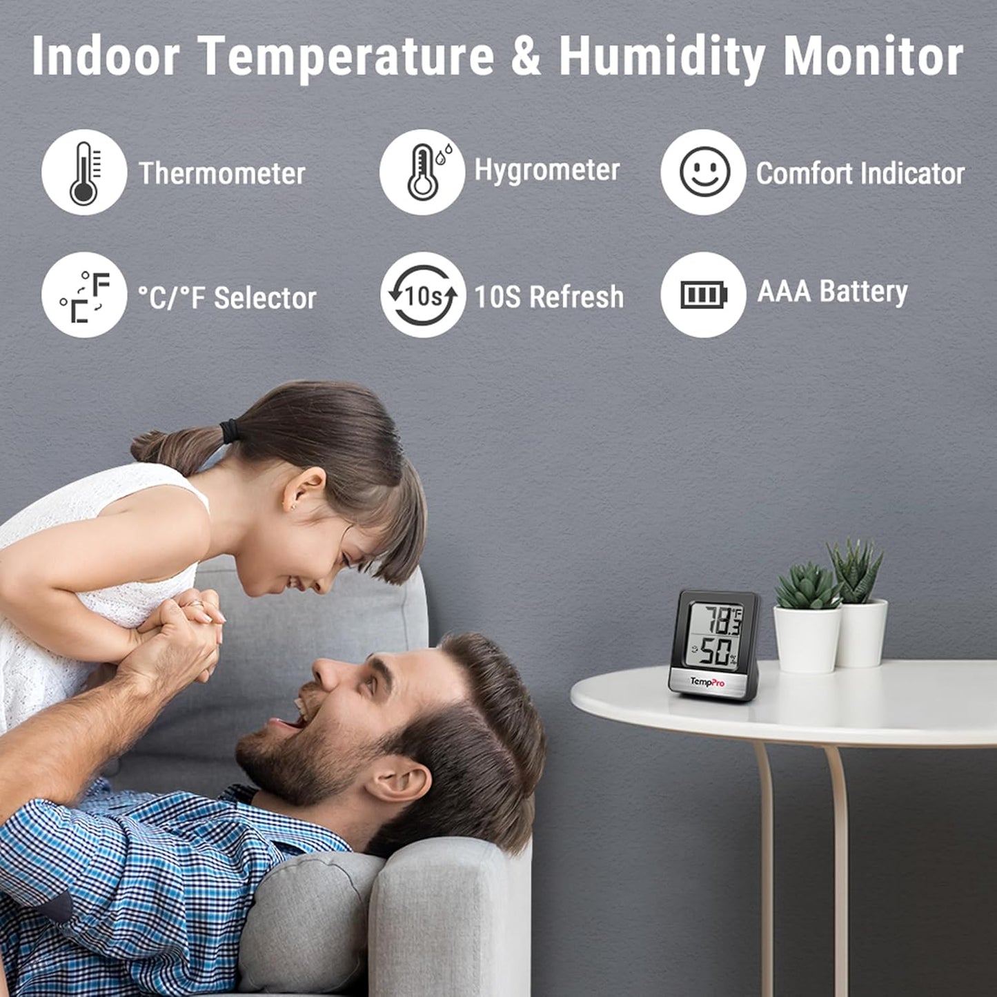 TempPro Digital Hygrometer | 2-Piece Indoor Thermometer & Humidity Meter - Black Weather Station