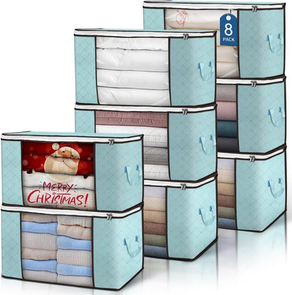 Budding Joy 90L Large Storage Bags - 8 Pack Foldable Closet Organizers for Clothes & Toys | Blue