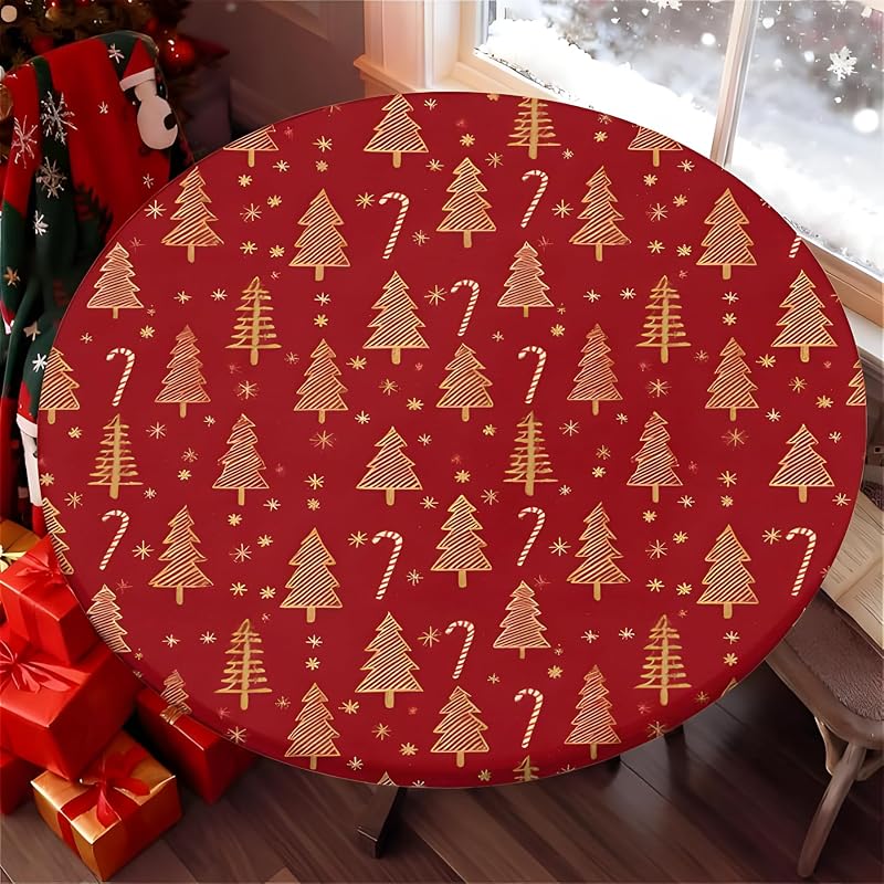 Round Fitted Christmas Tablecloth 37-44in - Elastic Edge, 65in Table Coverage - ARTSGOO Tree + 44" Variation