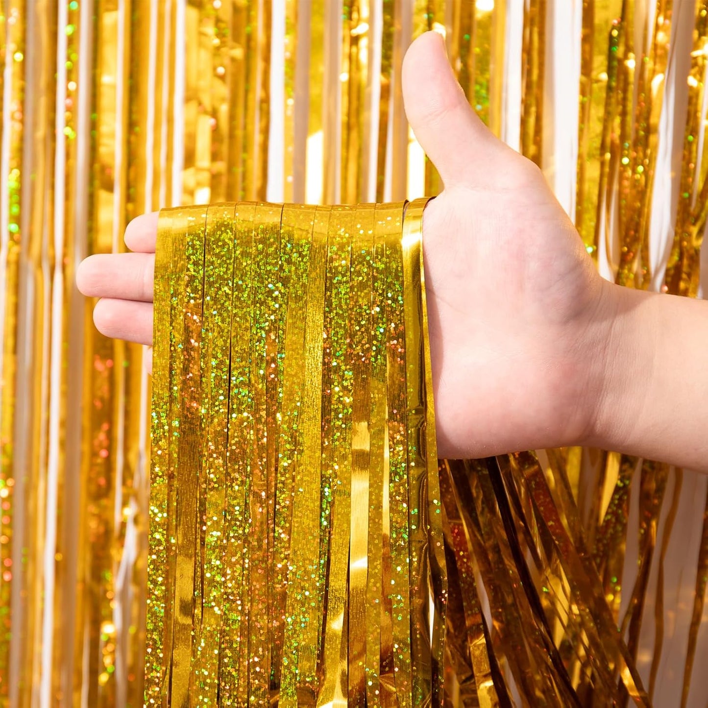 Voircoloria Laser Gold Foil Fringe Backdrop Curtains - 3 Pack Tinsel Streamers for Parties | 3.3 x 8.2 ft