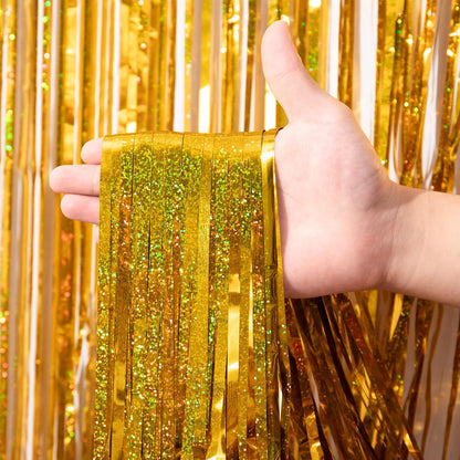 Voircoloria Laser Gold Foil Fringe Backdrop Curtains - 3 Pack Tinsel Streamers for Parties | 3.3 x 8.2 ft