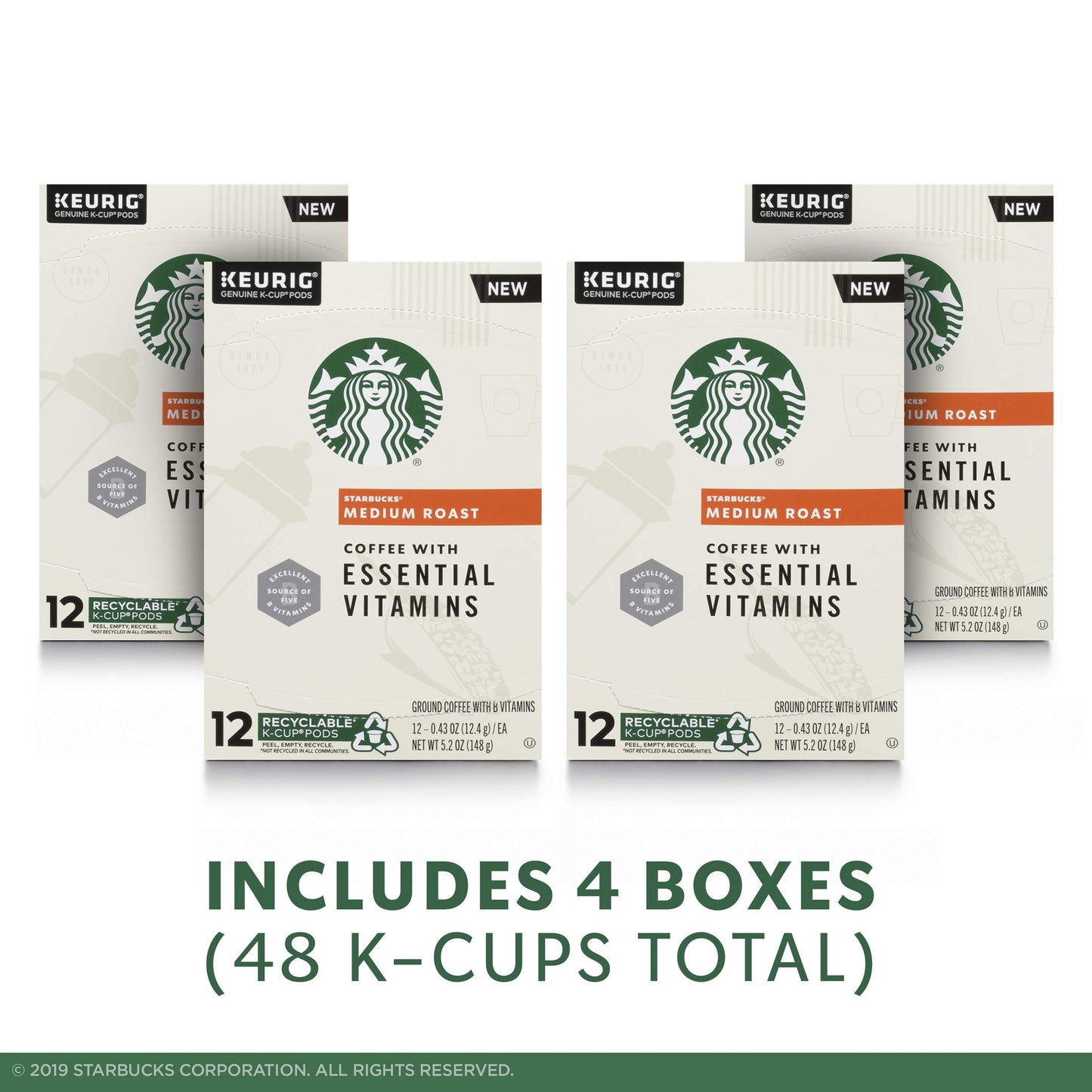 Starbucks Medium Roast K-Cup Coffee Pods with Essential B Vitamins — for Keurig Brewers — 4 boxes (48 pods total)