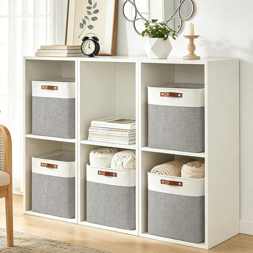 Bagnizer Large Fabric Storage Baskets - 50L Decorative Linen Bins with Handles for Home & Office | 17x12x15 Inches (Grey & White)