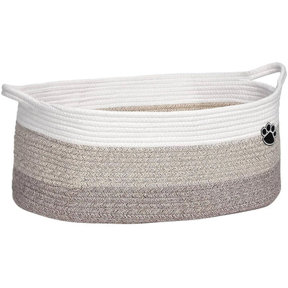 Optish Dog Toy Basket - Large Woven Rope Storage Bin for Dogs & Cats | 19.7" x 11" x 7.9" - White & Brown