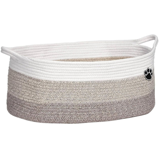 Optish Dog Toy Basket - Large Woven Rope Storage Bin for Dogs & Cats | 19.7" x 11" x 7.9" - White & Brown