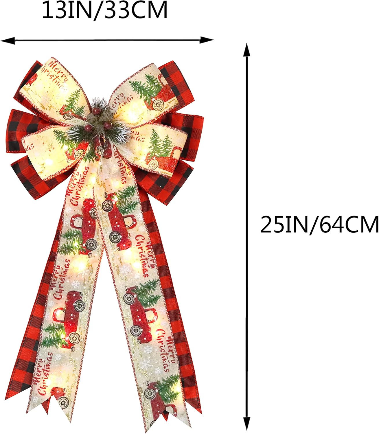 Regine Switzerland Christmas Tree Topper Bow - 30 LED Lights, 13”x25” Large Red Black Buffalo Plaid Rustic Decor