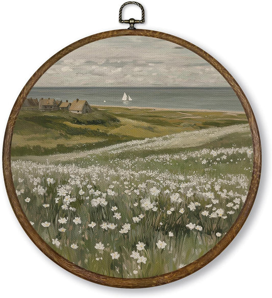 Qskjre Vintage Floral Meadow Landscape Wall Art - Coastal Round Wood Framed Canvas Decor | 10x10 Inch