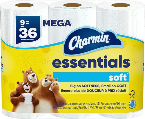 Charmin Essentials Soft Toilet Paper - 9 Mega Rolls for Ultimate Comfort | Equivalent to 36 Regular Rolls