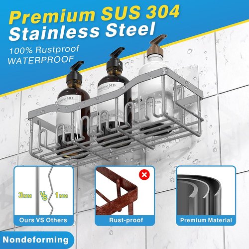 EUDELE Shower Caddy - 2 Pack Adhesive Organizer | Rustproof Stainless Steel for Bathroom & Kitchen Storage