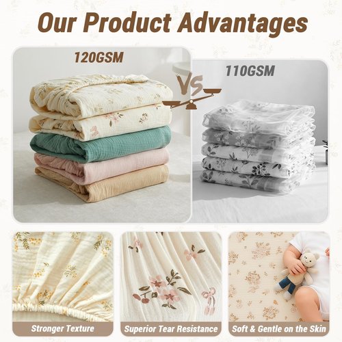 Bailix Heavyweight Muslin Baby Crib Sheets - 2PCS 52"x28" Neutral Fitted Crib Sheets for Boys Girls, Breathable Soft 100% Organic Cotton Standard Baby Mattress Sheet (Cream, Coffee)