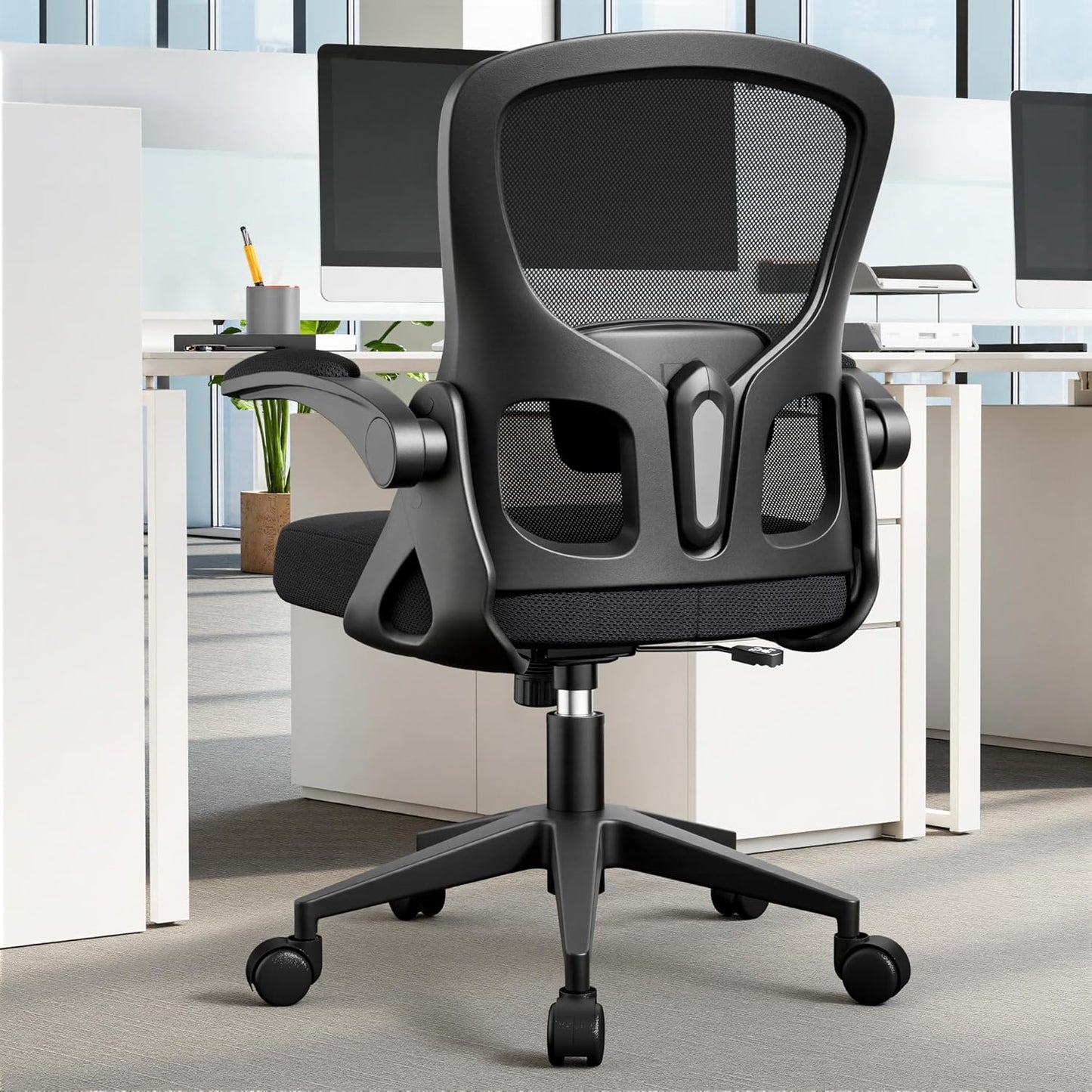Skiennix Ergonomic Office Chair - Adjustable Lumbar Support & Flip-Up Armrests | Black Mesh Design