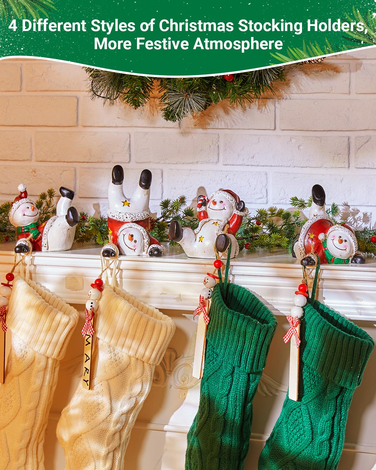 Minetom Christmas Stocking Holders for Mantle Set of 4, 3D Resin Snowman Figurines Stocking Hangers, Home Xmas Decorations for Fireplace Mantel Table Garland