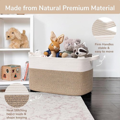 Goodpick Large Woven Blanket Basket - 21.6" x 14.9" x 11.8" Cotton Rope Storage for Living Room & Bedroom - White & Brown