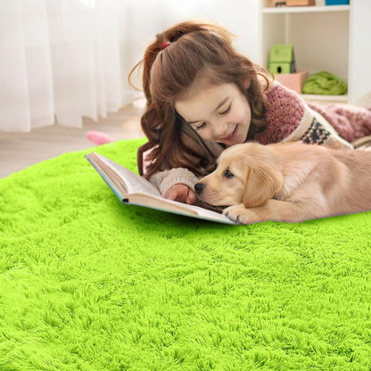 OLANLY Lime Green Round Rug - Soft, Fluffy Shaggy Carpet | 5 ft Machine Washable Area Rug for Bedroom & Living Room Decor