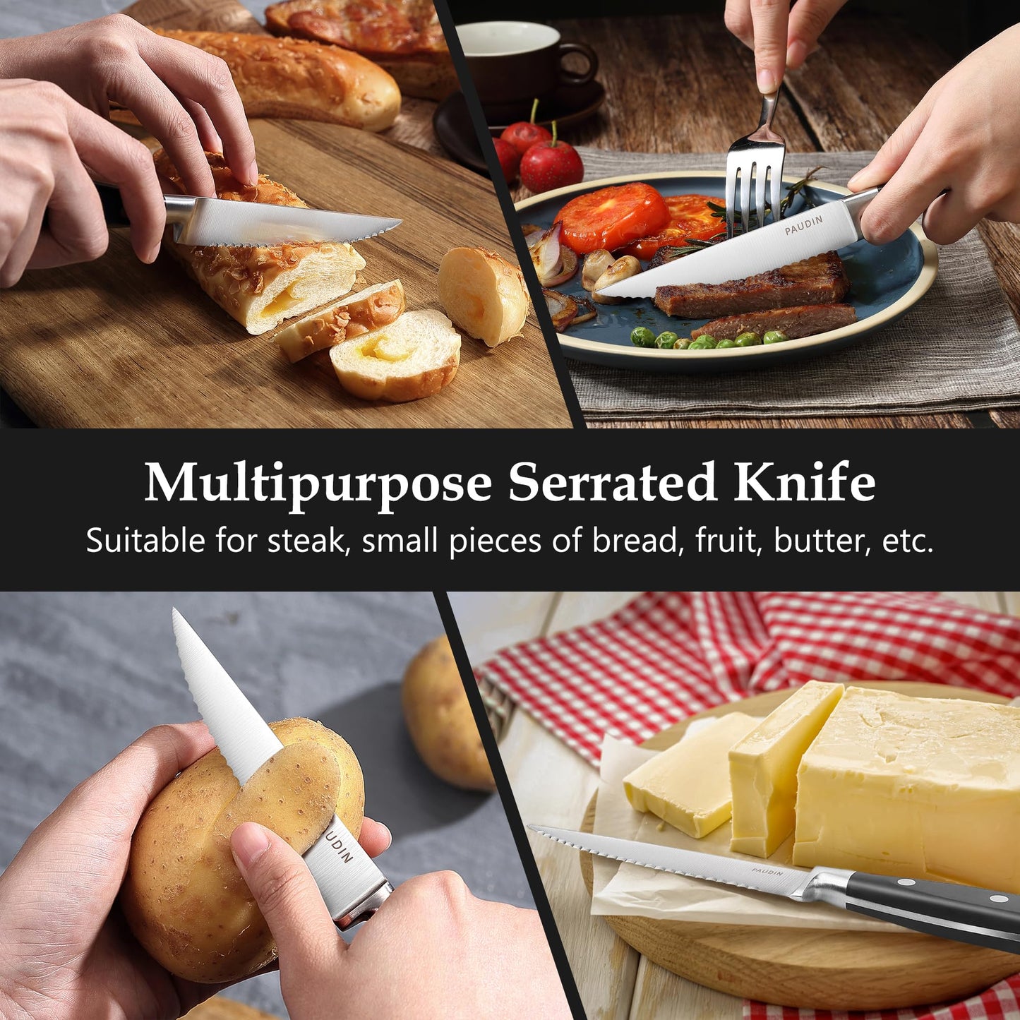 PAUDIN Steak Knives Set of 8, Steak Knives 4.5 Inch, High Carbon Stainless Steel Serrated Steak Knife Set with Full Tang Forged Blade & ABS Handle, Dinner Knives Black