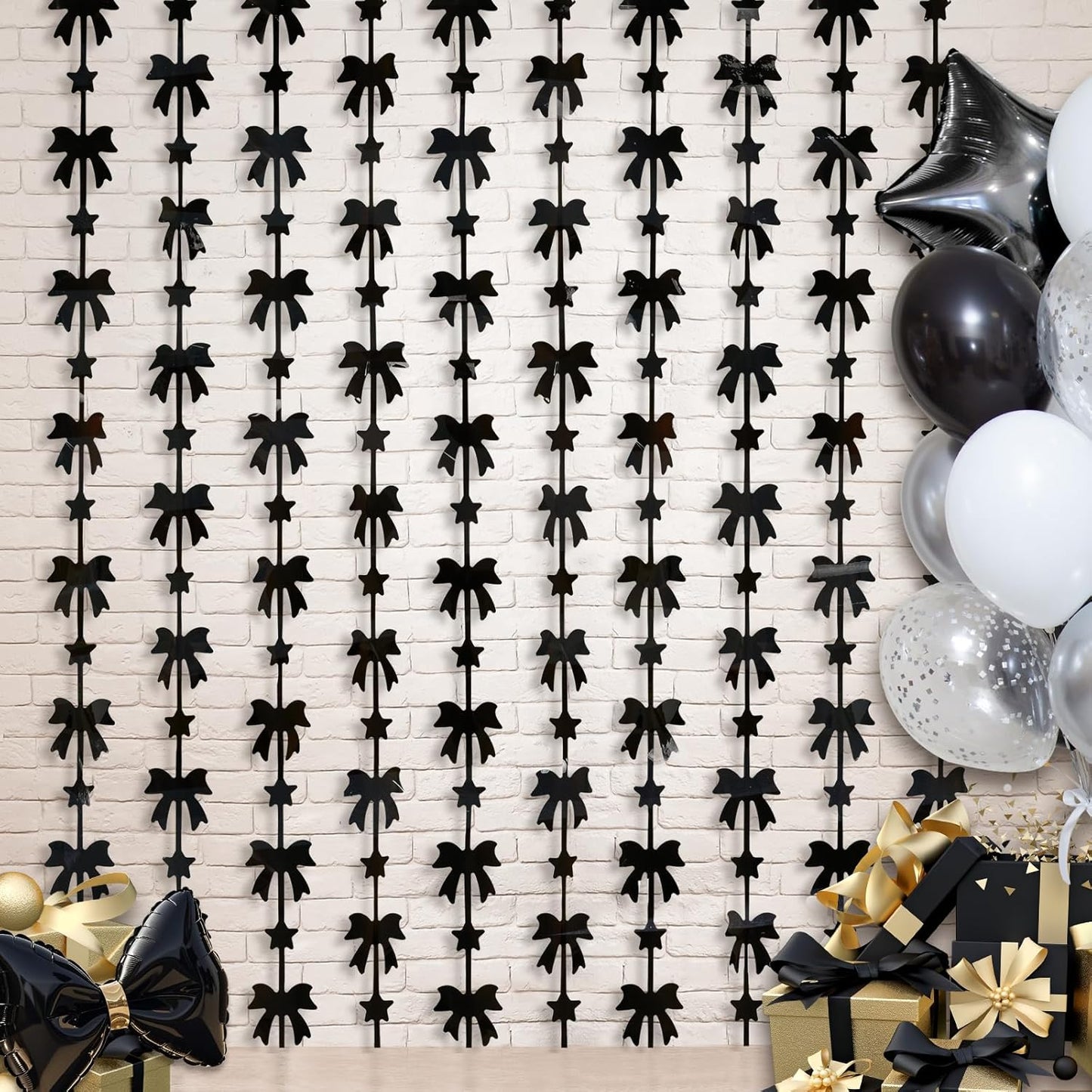 Menstarsi Bow Party Decorations - 2 Pack Black Foil Fringe Curtains | 3.3 X 6.6 Ft Backdrop for Events