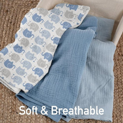 GLLQUEN Baby Muslin Swaddle Blankets - 3-Pack Unisex Receiving Blankets for Newborns | Elephant Design, 40 x 38 Inches