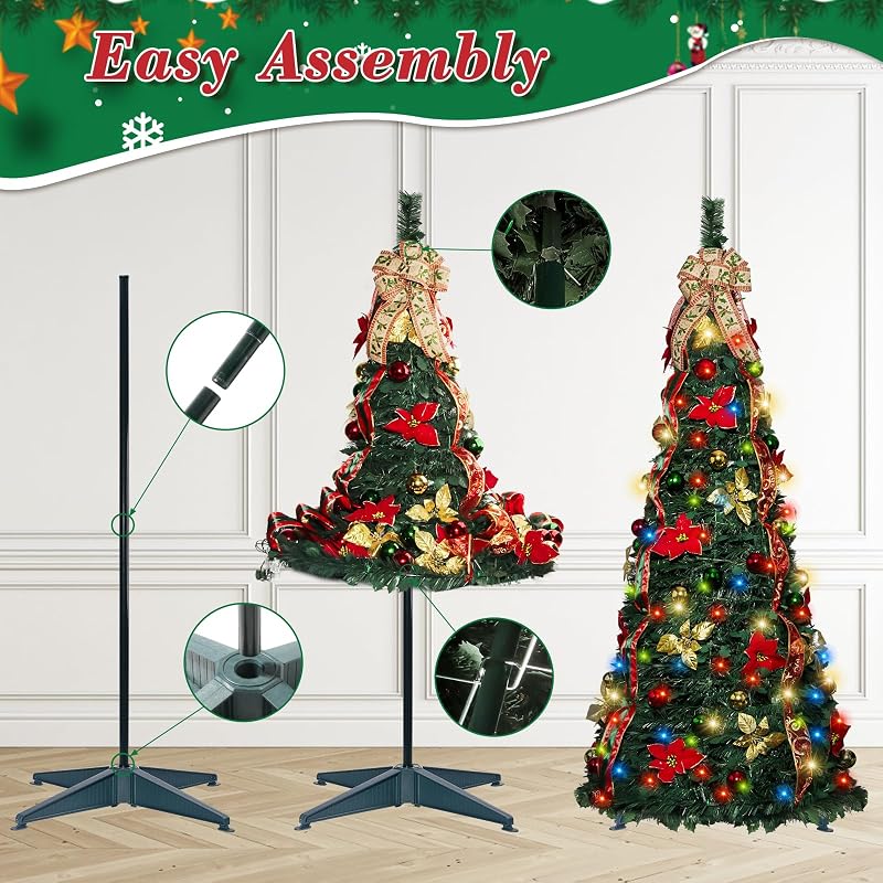 6ft Pop Up Christmas Tree with Lights - Pre-Lit, Collapsible, Decorated (Red & Green)