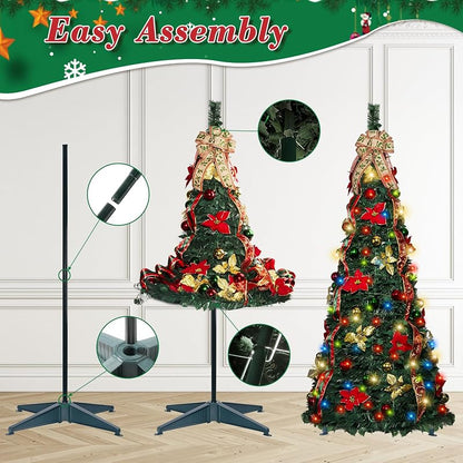6ft Pop Up Christmas Tree with Lights - Pre-Lit, Collapsible, Decorated (Red & Green)
