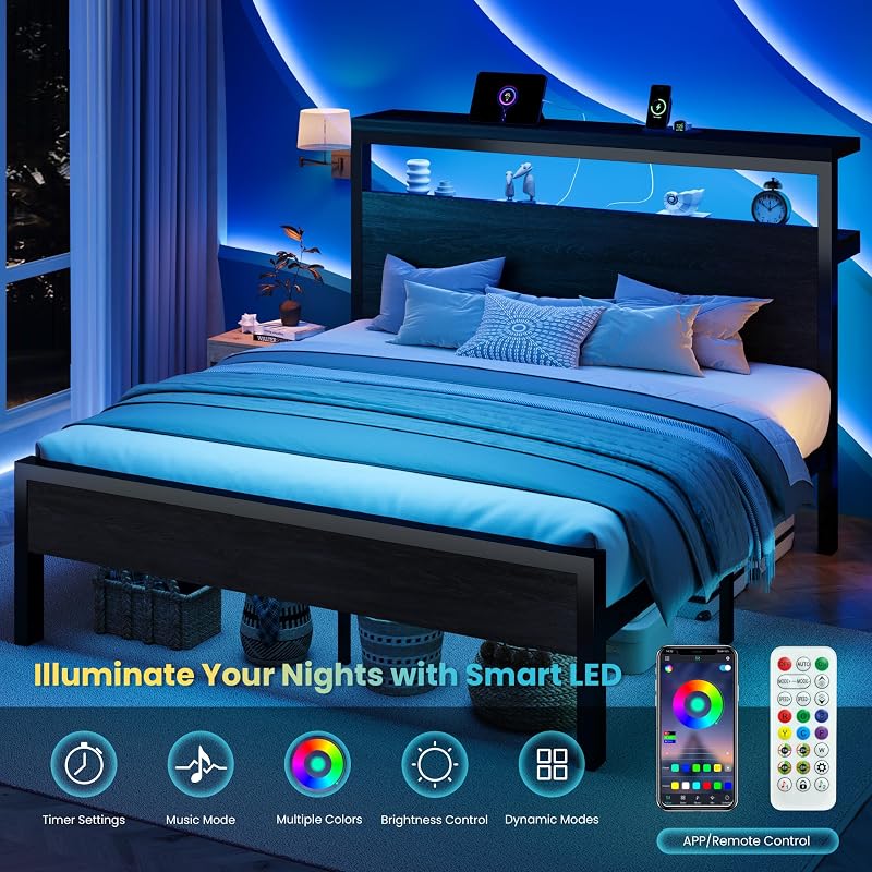 SHA CERLIN Full Bed Frame with 2-Tier LED Headboard & USB-C Charging, Black Oak
