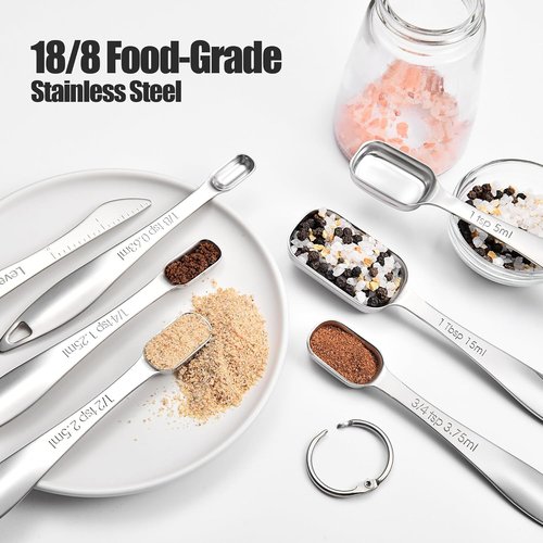 Doosu Measuring Spoons Set - Heavy Duty 18/8 Stainless Steel with Slim Long Handle | 7-Piece Set for Baking & Cooking