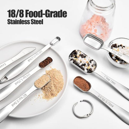 Doosu Measuring Spoons Set - Heavy Duty 18/8 Stainless Steel with Slim Long Handle | 7-Piece Set for Baking & Cooking