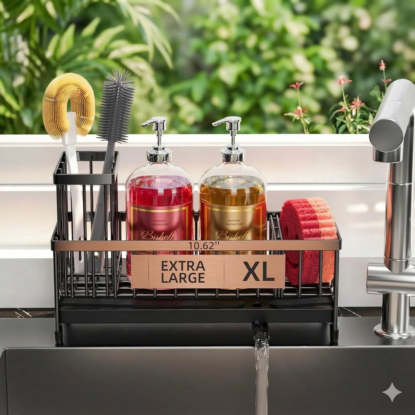 Premium Extra Large Kitchen Sink Organizer Caddy | Stainless Steel Sponge Holder & Soap Dispenser Tray (Black)