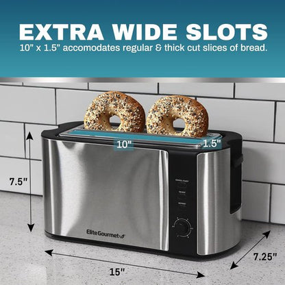 Elite Gourmet Long Slot 4-Slice Toaster - Extra Wide Slots, 6 Toast Settings, Stainless Steel & Black