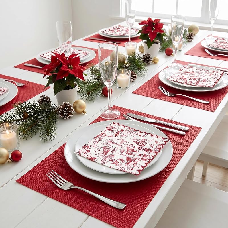 Christmas Napkins 50 Ct 3-Ply Red Toile Village 6.5" Disposable Dinner Napkins