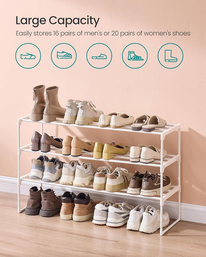 SONGMICS 3-Tier Shoe Rack - Stackable Metal Organizer for 16-20 Pairs | Pearl White, 11.8 x 36.2 x 21.7 Inches
