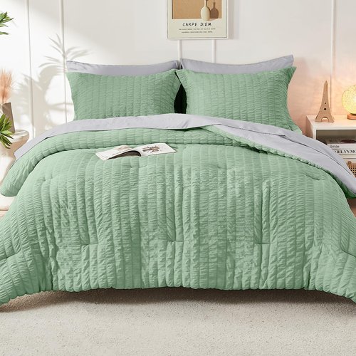 HYMOKEGE Sage Green/Light Grey Full Size Comforter Sets Seersucker 7 Pieces, All Season Luxury Bed in a Bag for Bedroom, Bedding Set with Comforter, Sheets, Pillowcases & Shams