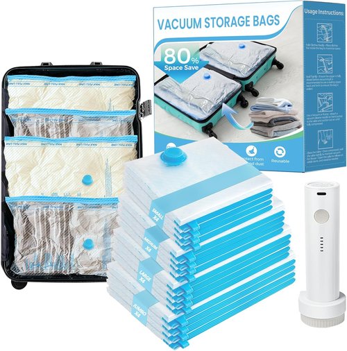 ANBIUX Vacuum Bags for Travel - 16 Pack Compression Packing Bags with Rechargeable Air Pump | Carry-On Size for Luggage