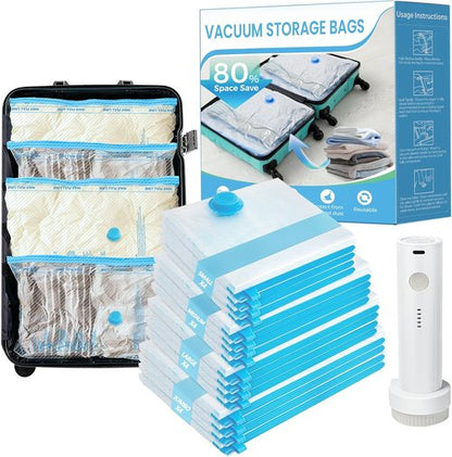 ANBIUX Vacuum Bags for Travel - 16 Pack Compression Packing Bags with Rechargeable Air Pump | Carry-On Size for Luggage