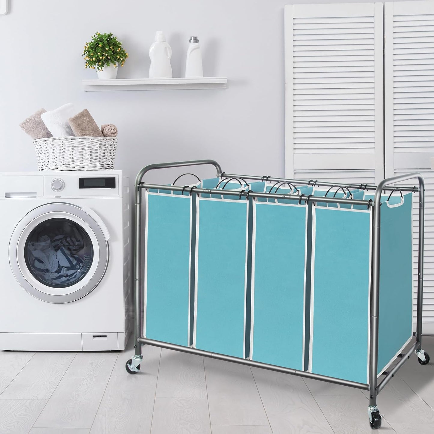 Storage Maniac Laundry Sorter - 4-Section Hamper Cart with Wheels | 47.8 Gal Capacity, Blue