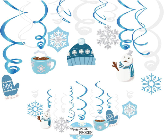 Skiennix Christmas Snowman & Snowflake Hanging Swirl Decorations - 30 Count for Festive Home & Office Decor