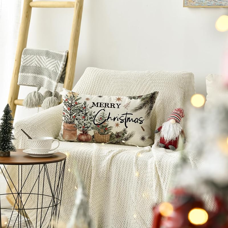 Merry Christmas Eucalyptus Red Berries Throw Pillow Cover 20" x 12" — Winter Holiday Cushion Case