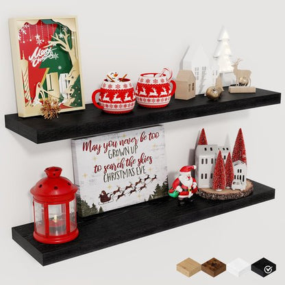 Fun Memories Floating Shelves for Wall, 27.5" Rustic Wood Deep Wall Mounted Shelves with Invisible Brackets for Decor & Storage, Floating Shelf for Living Room, Bathroom (Black, Set of 2)