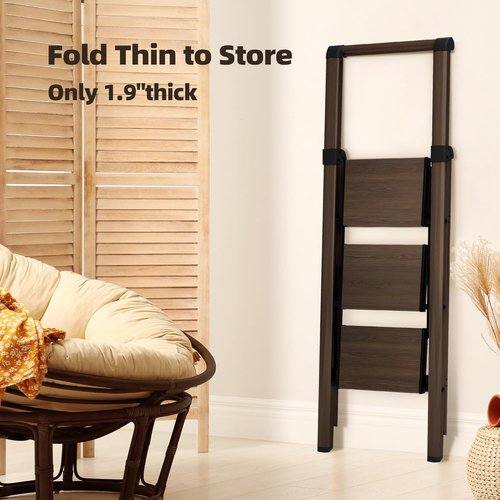 Hillhut Apex 3-Step Foldable Aluminum Step Ladder - Lightweight & Portable with Handgrip, 330lbs Capacity (Walnut)