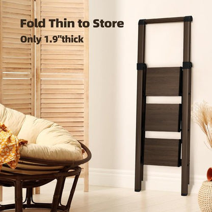 Hillhut Apex 3-Step Foldable Aluminum Step Ladder - Lightweight & Portable with Handgrip, 330lbs Capacity (Walnut)