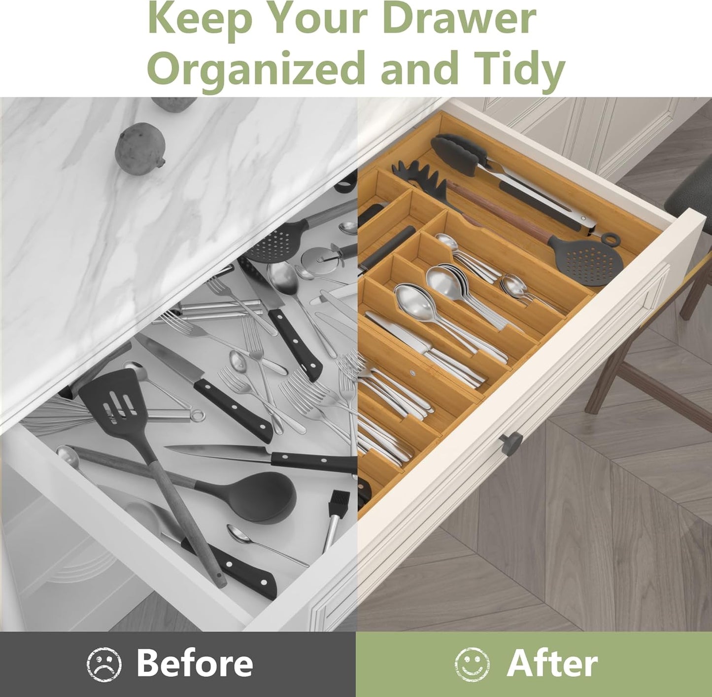 Suli Silverware Drawer Organizer - Adjustable Bamboo Utensil Holder for Forks, Knives & Spoons | Expandable 22in-37in