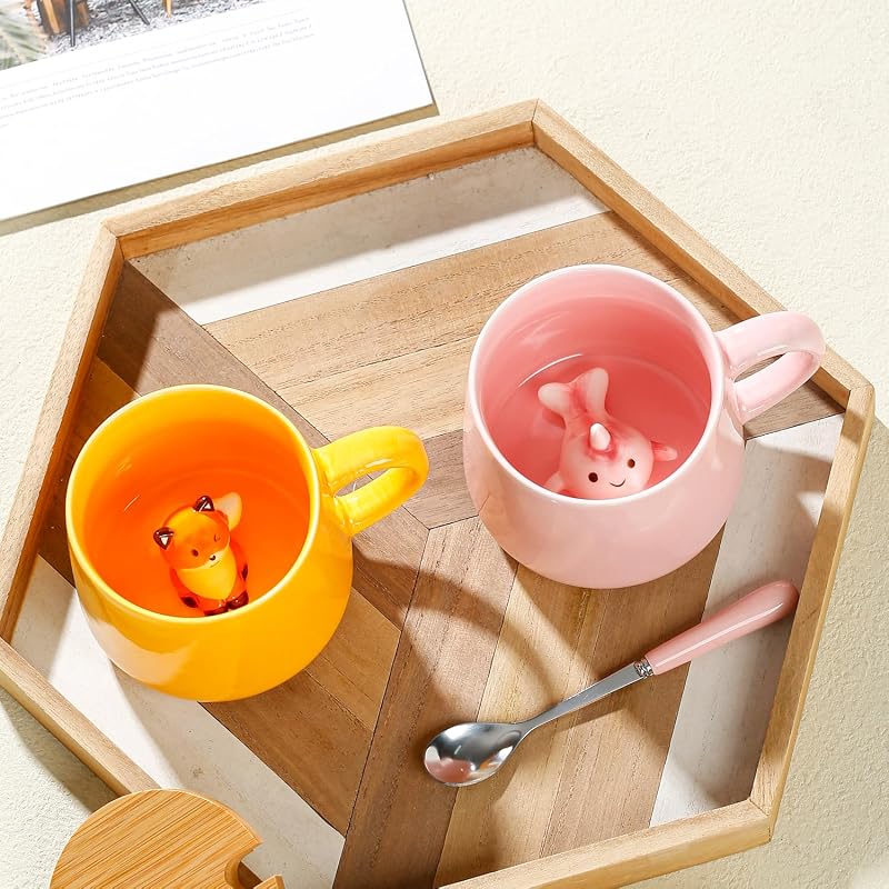 Fox Mugs with 3D Fox Inside, Ceramic Coffee Mug with Lid & Spoon - 13.5oz - Variation: Fox
