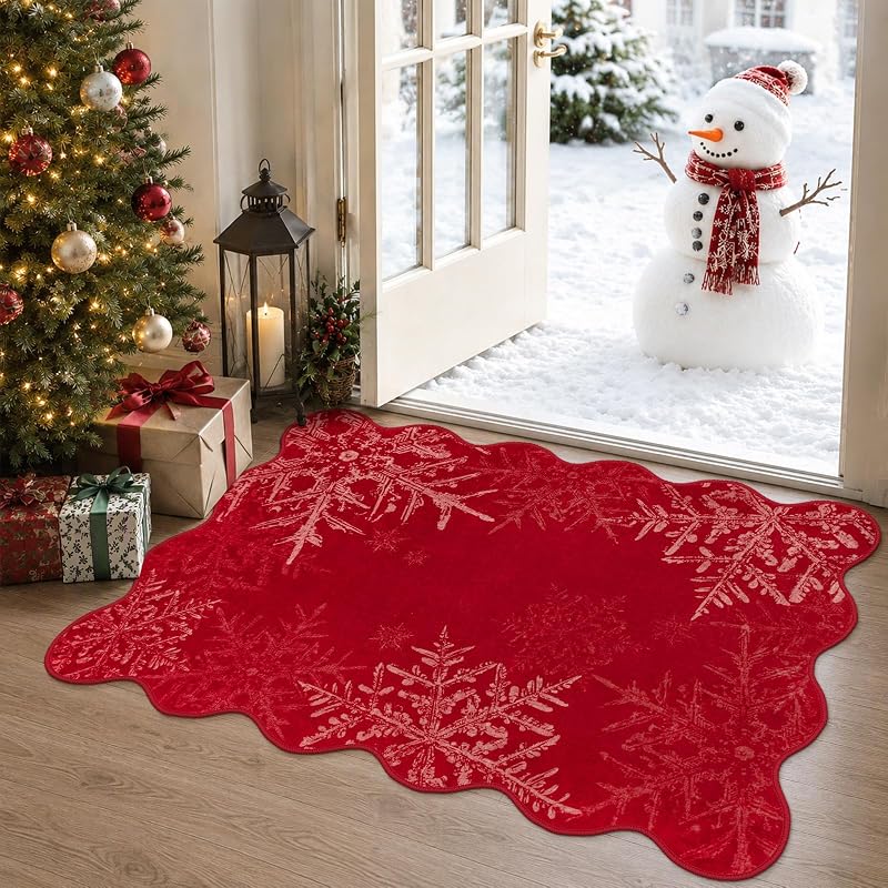 Red Snowflake Doormat 2' x 3' - Christmas Entryway Rug, washable