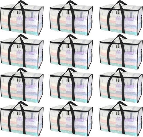 BALEINE 12-Pack Oversized Moving Bags - Heavy-Duty Storage Totes with Reinforced Handles (Clear)