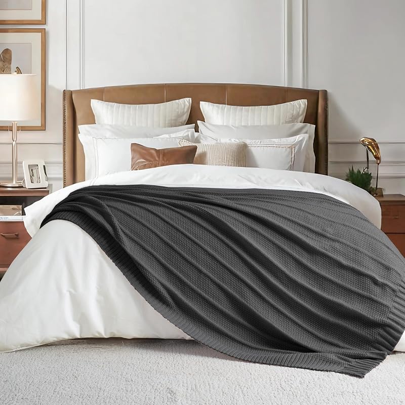 Carriediosa Dark Grey Knit Throw Blanket 60 x 80 with Cable Knit & Stripe Design